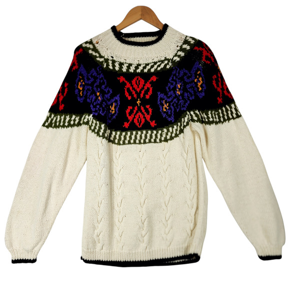 Autograph American Clothing Womens Sweater M Cream Red Ramie Cableknit Fair Isle - Picture 1 of 13